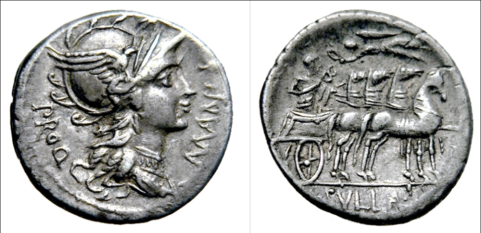 Obverse: L·MANLI [PRO]·Q - Helmeted head of Roma right. Border of dots. Reverse: L·SVLLA·IM - Triumphator, crowned by flying Victory, in quadriga right, holding reins in left hand and caduceus in right hand. Border of dots.