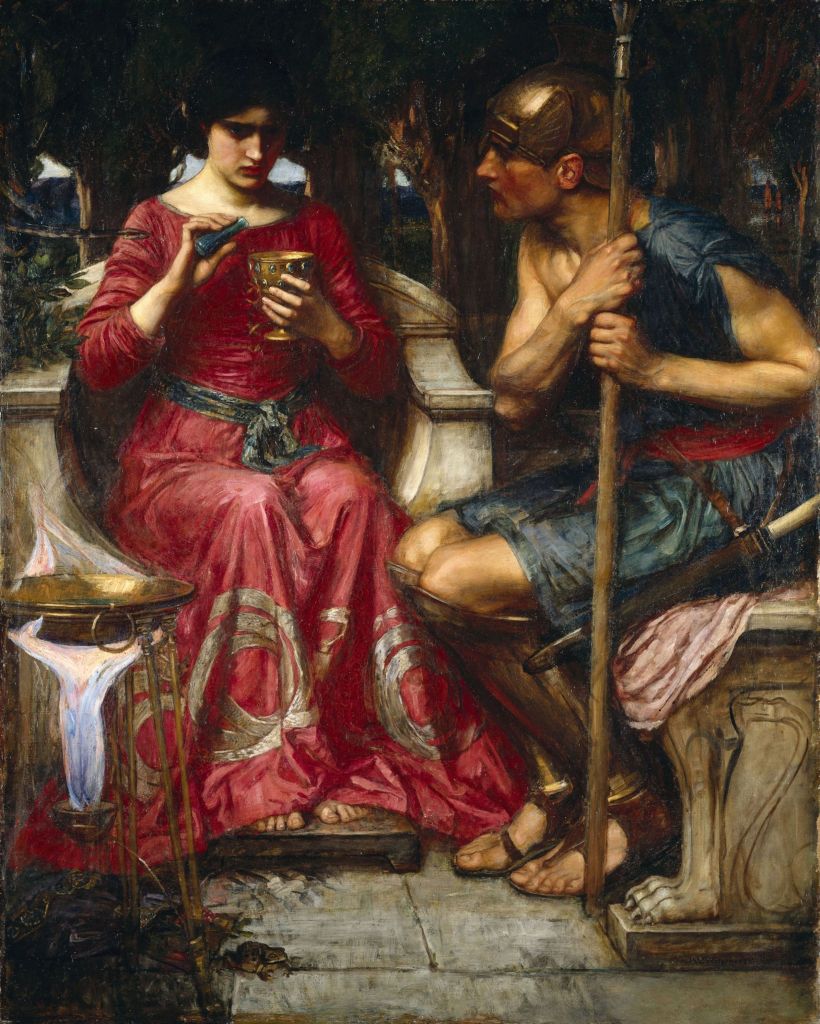 Medea pours a vial of liquid into a golden chalice while Jason looks on hoping to win the golden fleece through Medea's pharmaka