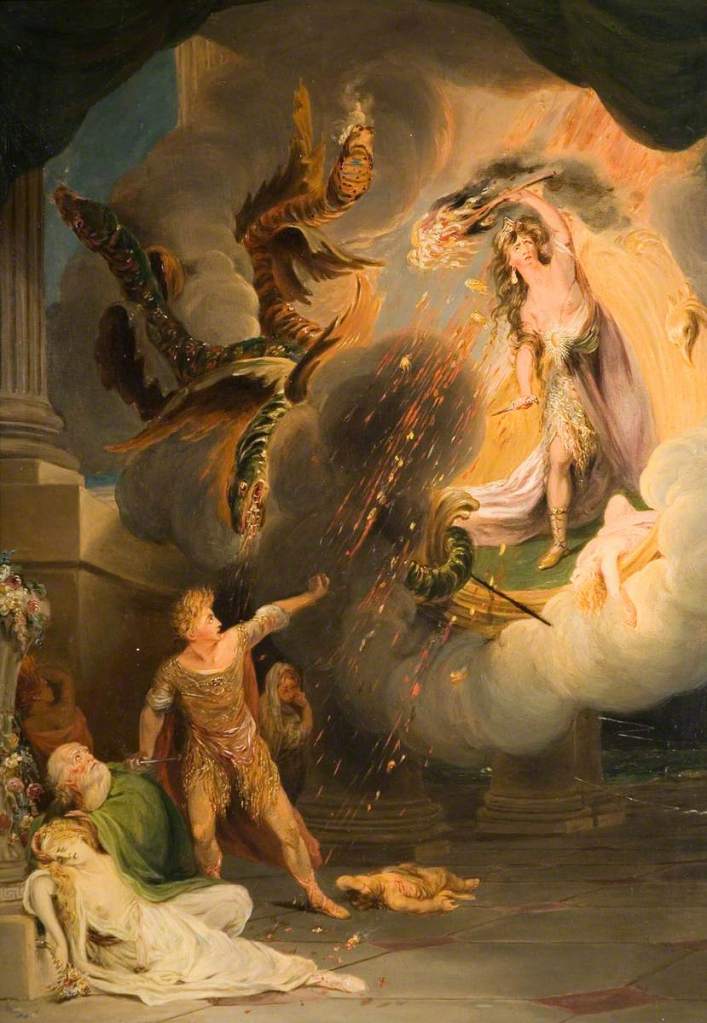 Medea emerges from the sky holding a flaming brand having become a goddess after all her mistreatment. The mortal men left behind cringe back from the force of her power.