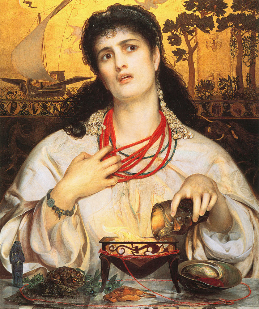 Medea pours a glass into a small fire and clutches at her red beaded necklace.