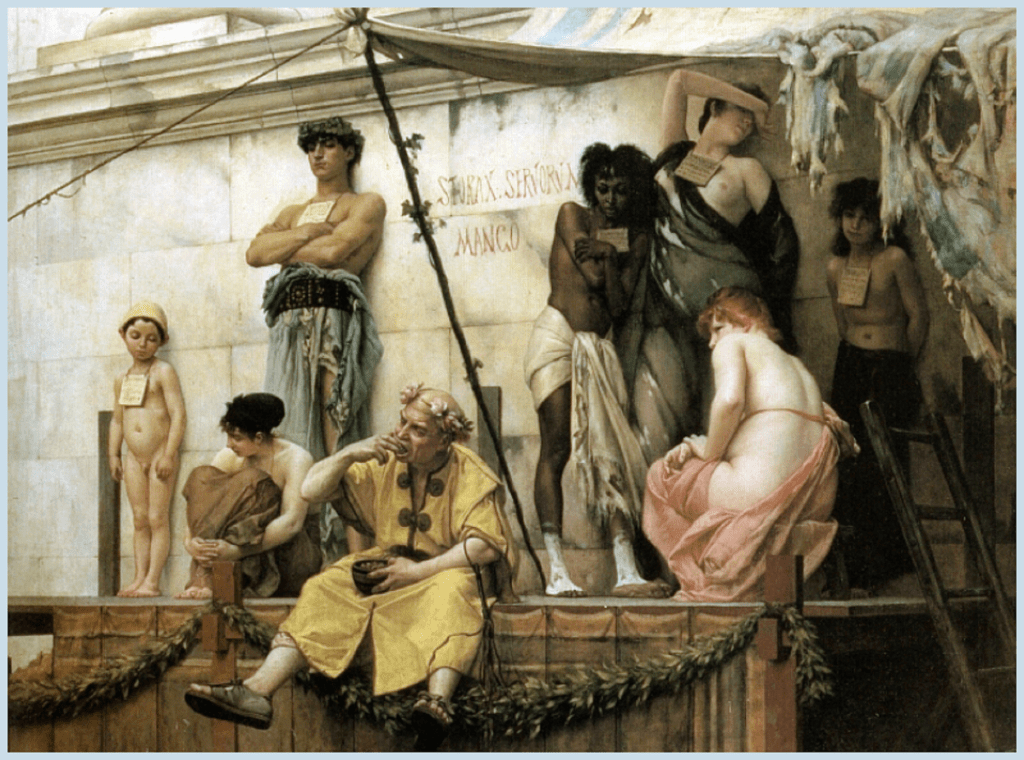 A painting called 'The Slave Market' which shows a range of enslaved people waiting to be sold. Most wear discs around their neck indicating their enslaved status.