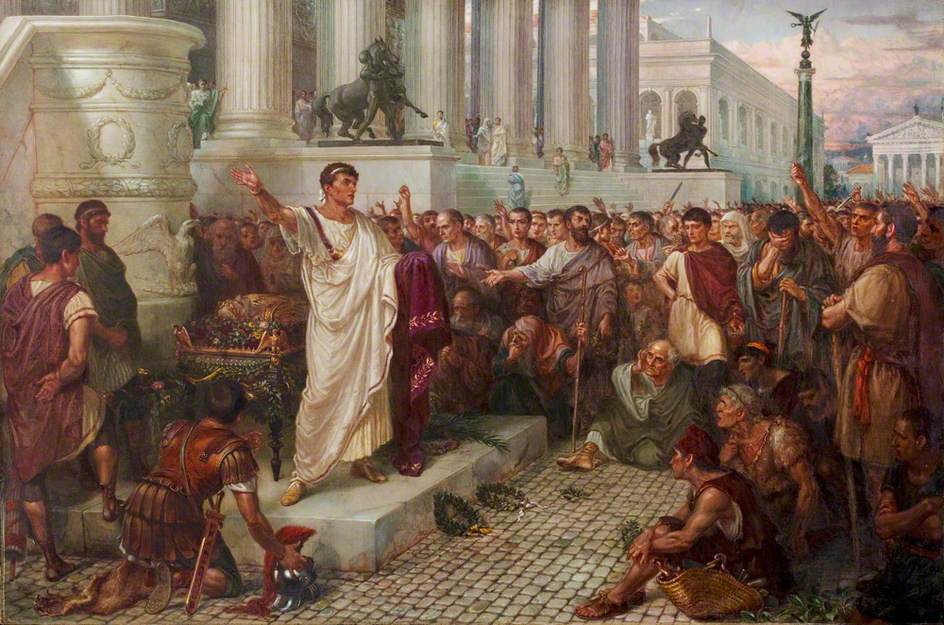 Painting of Mark Antony providing the funerary oration for Julius Caesar. There's a huge crowd of people grieving and listening as Antony speaks from a ledge in a toga.