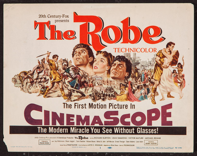 A coloured lobby card for 'The Robe' featuring illustrations of the actors and dramatic fights scenes. Text at the top reads '20th Cenutry-Fox presents The Robe technicolour'. Lower text reads 'The First Motion Picture In CinemaScope'