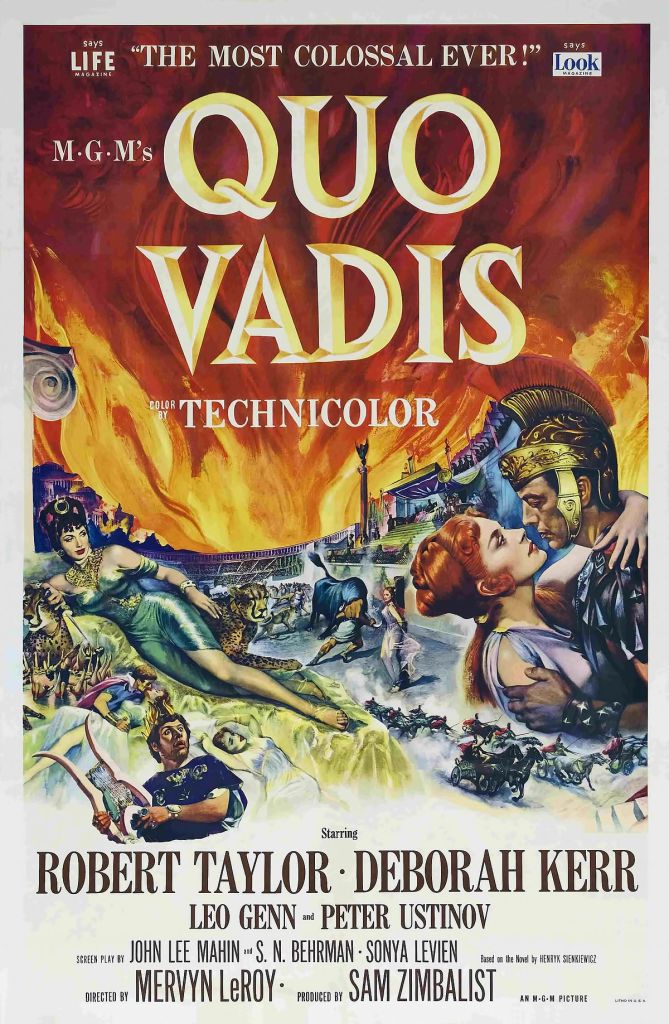 Film poster for Quo Vadis. The illustrated image shows Rome in flames in the background with portraits of the main characters in the foreground.