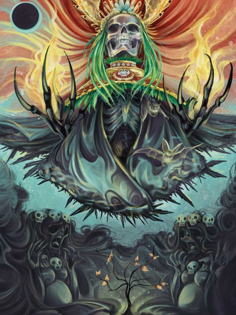 An illustration by Sara Richard from Women of Myth of Itzapaplotl, the Aztec Sketal warrior goddess. She appears as a crown skull with green feathered heair surrounded by flames.